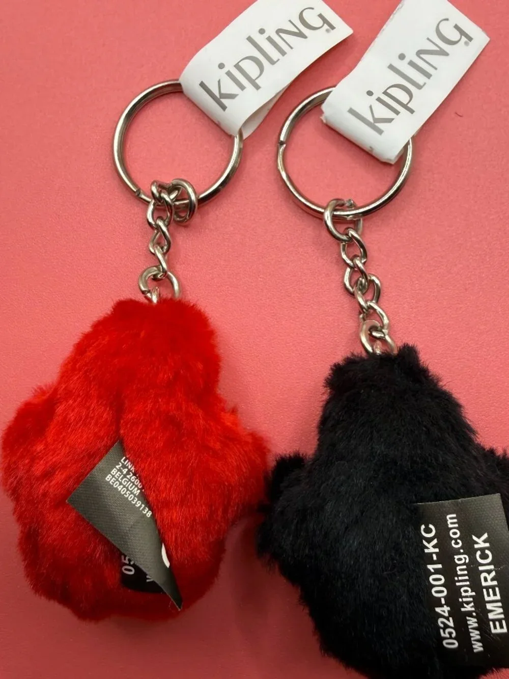 Lot 2 New Kipling Fuzzy Ape Monkey Keychains Key Rings Red Black